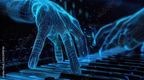 closeupA dreamlike wireframe mesh depiction of music notes morphing into birds, taking flight and carrying melodies across the sky  ,Music photo