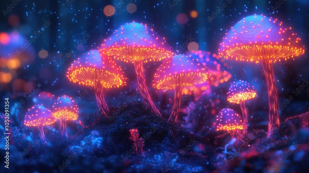Glowing neon mushrooms in a dark forest with a bokeh effect. Glowing neon mushrooms in a dark forest with a bokeh effect.