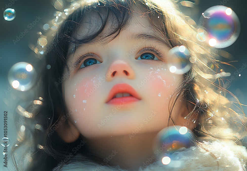a child looking up at bubbles
a child looking up at bubbles