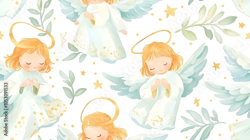 Watercolor Angel Seamless Pattern