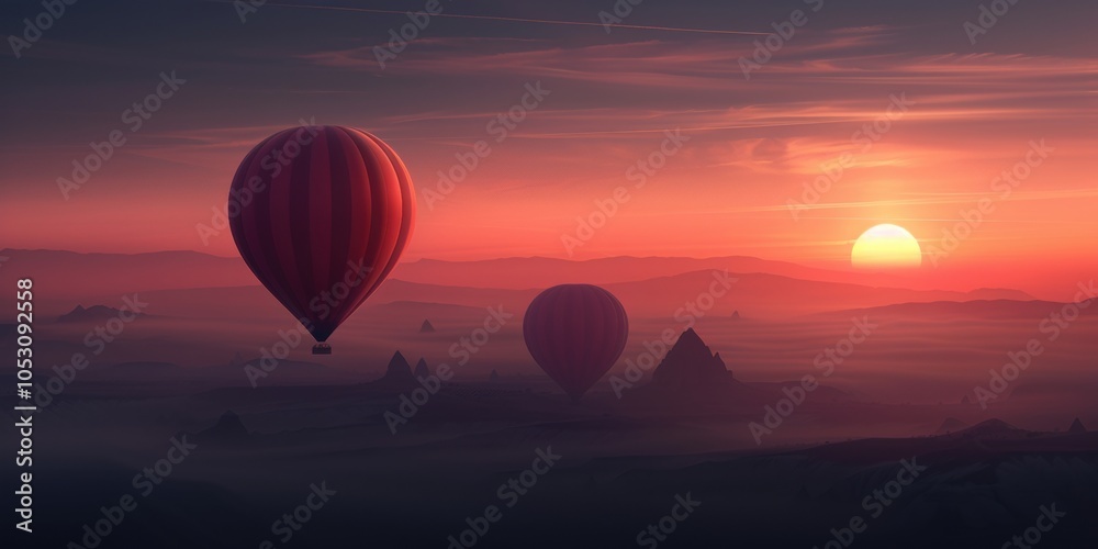 Fototapeta premium Hot air balloons soaring above stunning landscapes at sunset, creating a breathtaking travel experience.