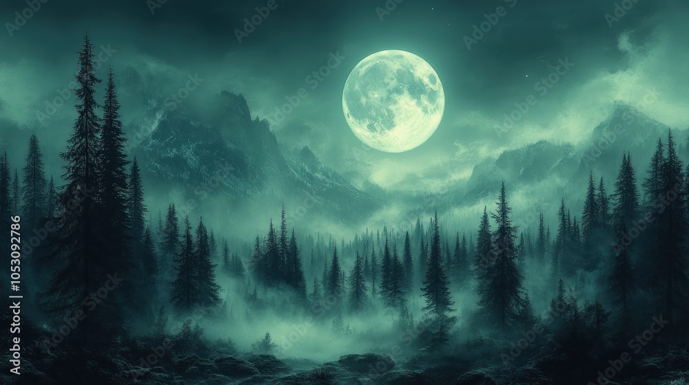 A mystical night landscape under a glowing full moon. A mystical night landscape under a glowing full moon.