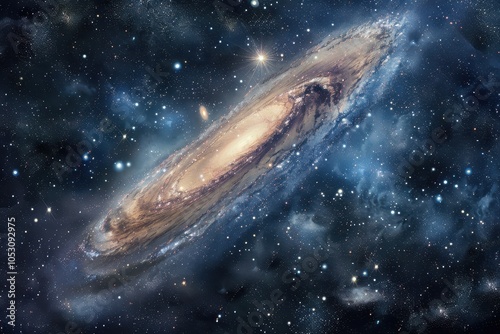 Majestic spiral galaxy in the deep cosmos, surrounded by stars and glowing gas clouds.