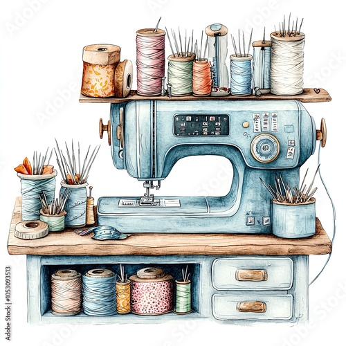 pastel watercolor art collection set Sewing machine with colorful threads, white background