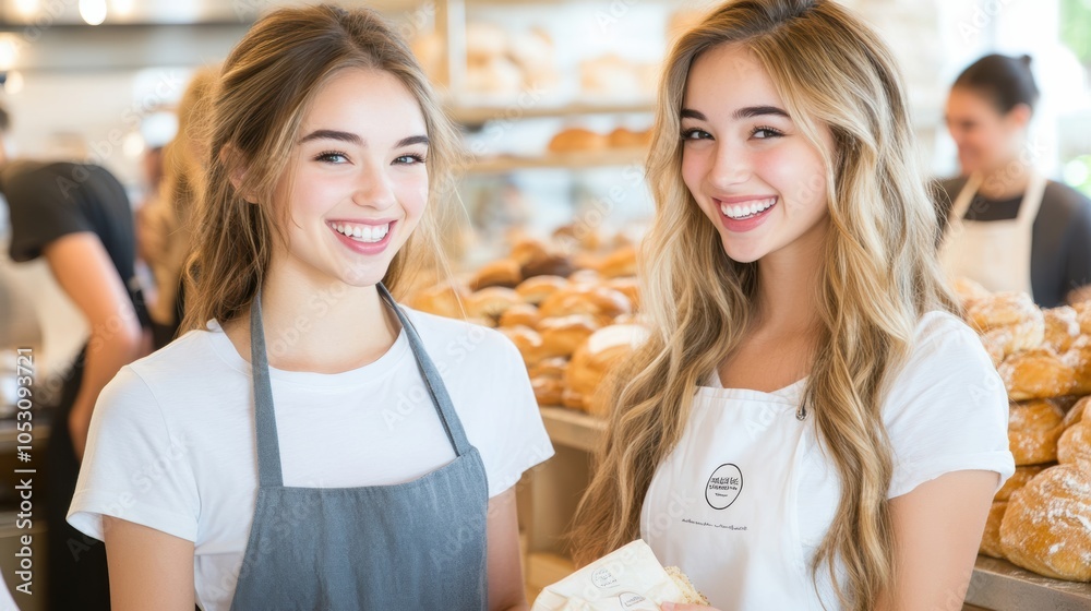 Fototapeta premium Two cheerful bakers smile at the camera, showcasing fresh pastries in a bright bakery setting.