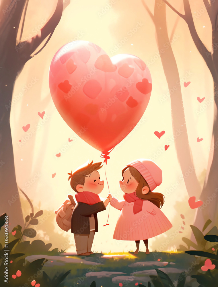 A cute cartoon illustration of two lovers holding hands and standing under a large heart-shaped balloon. A cute cartoon illustration of two lovers holding hands and standing under a large heart-shaped balloon.