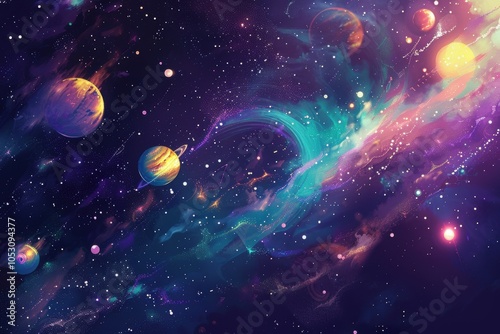 Colorful Nebula and Planets in Deep Space