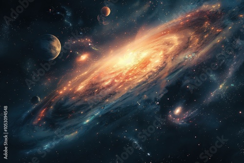 Glowing spiral galaxy with stars and planets in deep space
