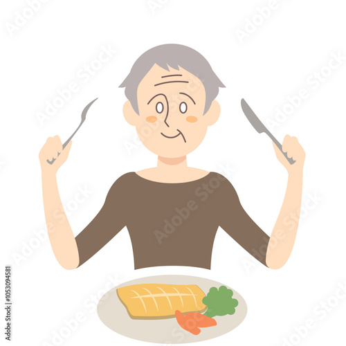 魚料理を食するシニア女性