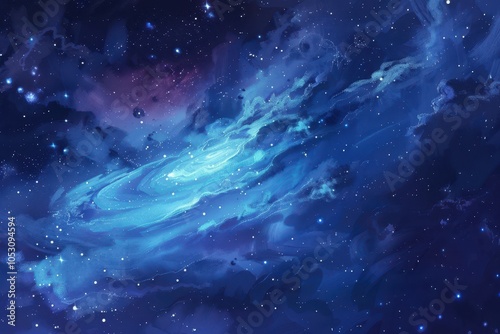 Painted swirls of blue and purple stardust in deep space.