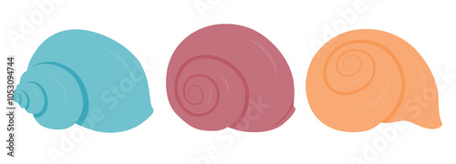 Cute sea snail vector set cute cartoon style. Seashell collection on white background.