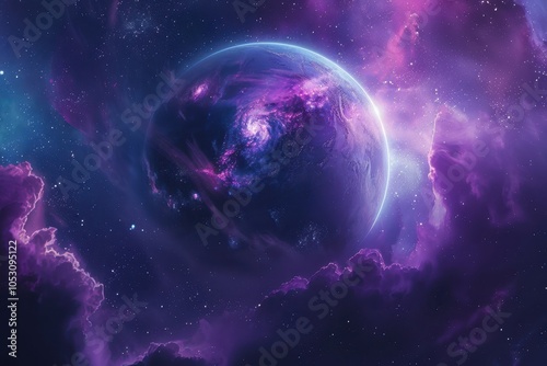 Purple planet in a colorful nebula
