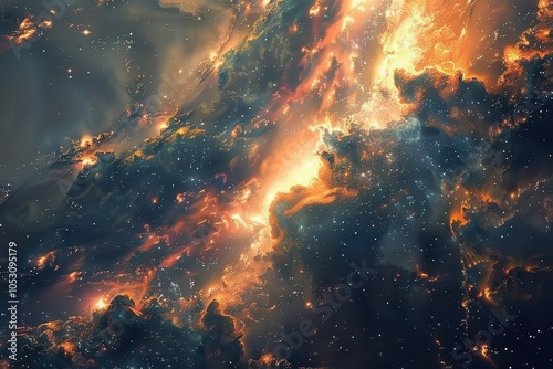 Glowing Nebula and Gaseous Space Clouds with Stars