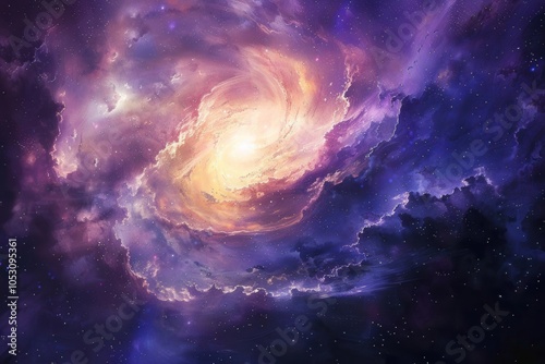 Colorful swirling nebula with bright center and glowing dust clouds