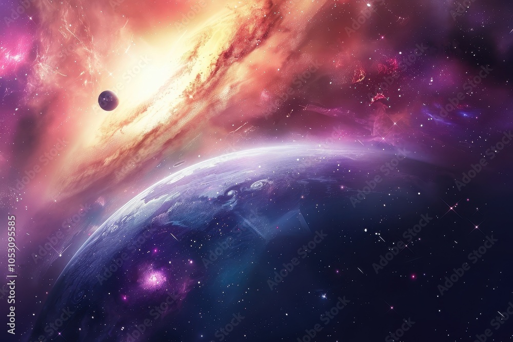 Fototapeta premium Breathtaking view of a distant planet and a swirling nebula in deep space.