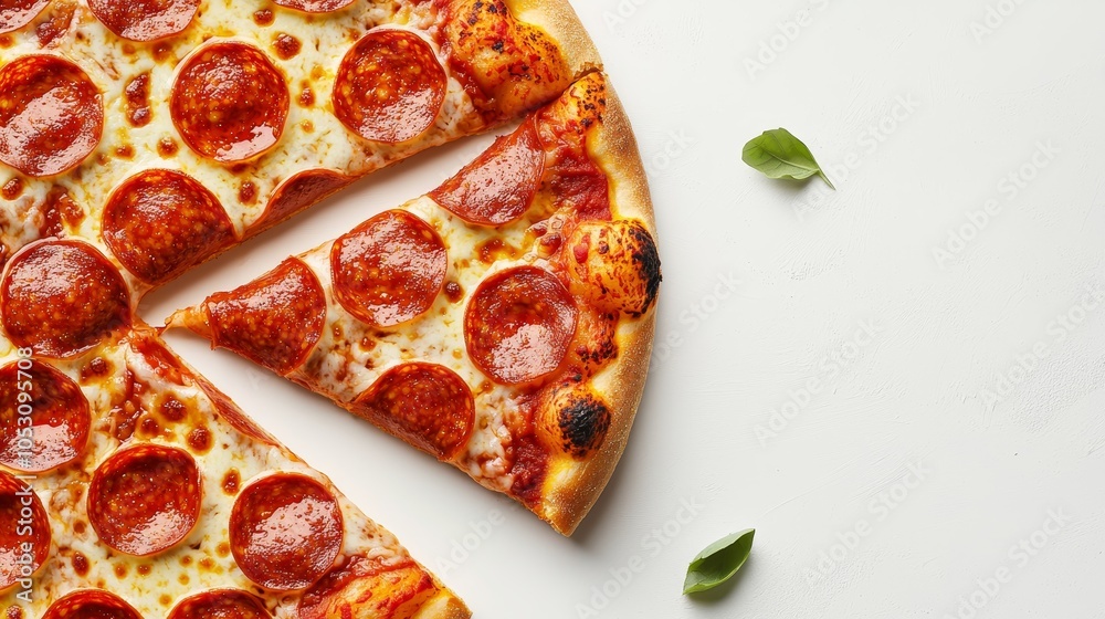 Delicious pepperoni pizza, thin and crispy crust, with cheese bubbling around evenly spaced pepperoni slices, clean white backdrop Delicious pepperoni pizza, thin and crispy crust, with cheese bubbling around evenly spaced pepperoni slices, clean white backdrop