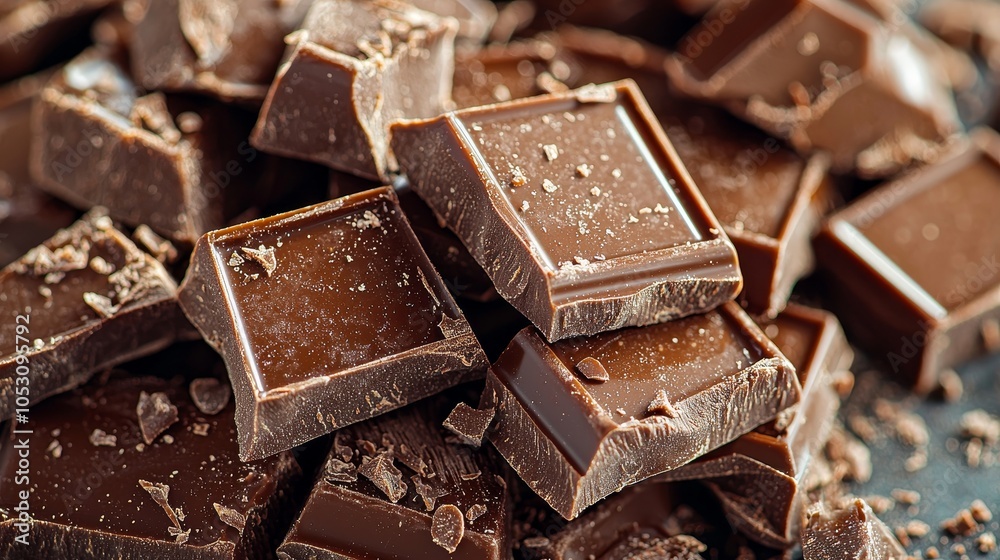 Pieces of milk chocolate in close-up, rich and creamy texture, isolated on white background, perfect for confectionery or dessert ads, clean minimal design Pieces of milk chocolate in close-up, rich and creamy texture, isolated on white background, perfect for confectionery or dessert ads, clean minimal design