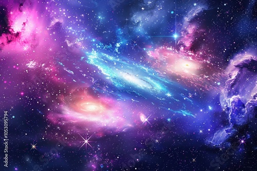 Colorful spiral galaxies in deep outer space with stars and nebulae.
