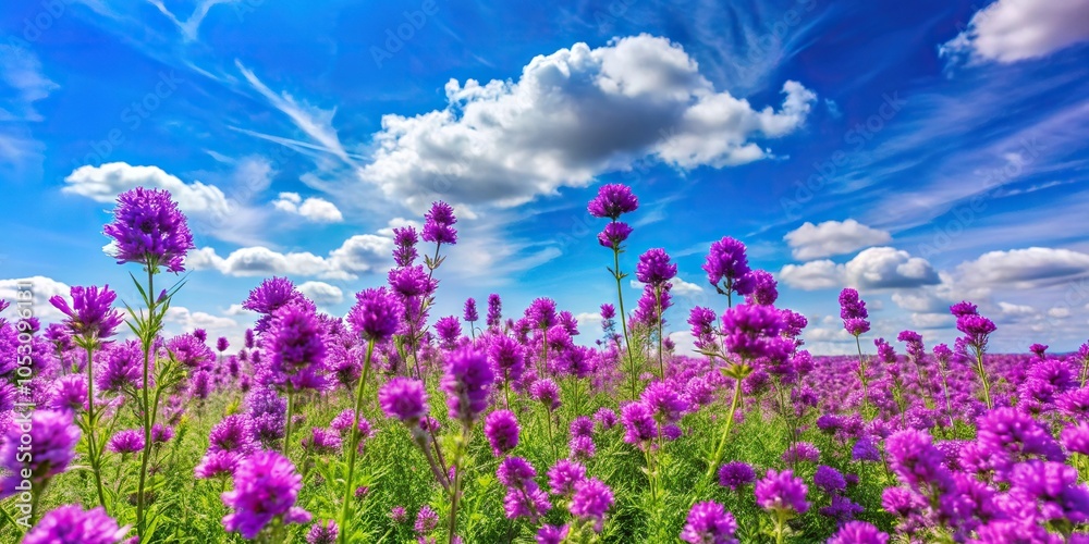 Obraz premium A cluster of bright purple wildflowers swaying gently in the breeze against a clear blue sky with fluffy white clouds, clouds, flowers, outdoors, meadow, nature