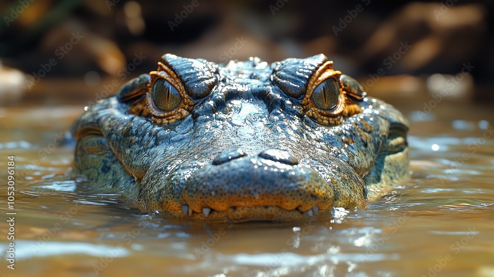 Obraz premium Close-up of a crocodile's head partially submerged in water.
