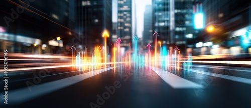 Vibrant city street scene showcasing light trails from moving vehicles, urban buildings in the background, and dynamic energy.