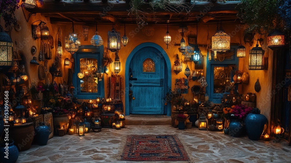 A quaint, lantern-lit doorway in a Moroccan home