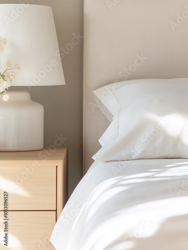 A cozy Scandinavian-style bedroom with a white linen bed, light wooden furniture, soft gray accents, and natural sunlight illuminating the clean and simple decor