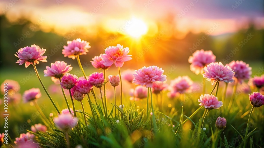 A cluster of delicate pink flowers blooming in a lush green meadow at sunset, spring, pink flowers, sunlight, bloom, gentle A cluster of delicate pink flowers blooming in a lush green meadow at sunset, spring, pink flowers, sunlight, bloom, gentle