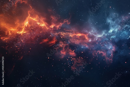 Glowing red and blue gases form a fiery nebula in the cosmos.