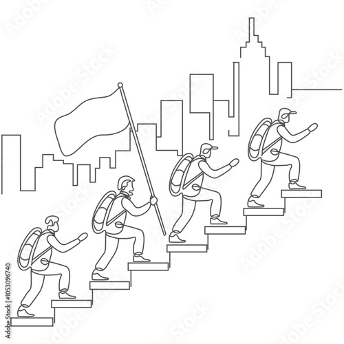Illustration of Arab businessman hold flag and lead the way. Single line art style