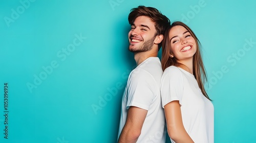 loving couple, man and woman, dressed in white T-shirts, back-to-back and smiling, against a blue background. 