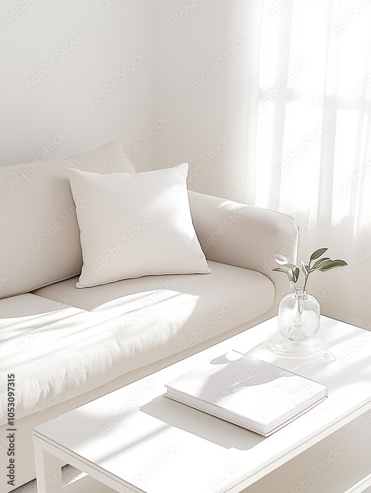 A serene white living room with minimal furniture, a soft white couch, white throw pillows, and a coffee table with a clean white book A serene white living room with minimal furniture, a soft white couch, white throw pillows, and a coffee table with a clean white book