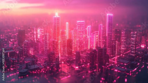 Wallpaper Mural A futuristic cityscape with glowing neon skyscrapers under a pink sunset. Torontodigital.ca