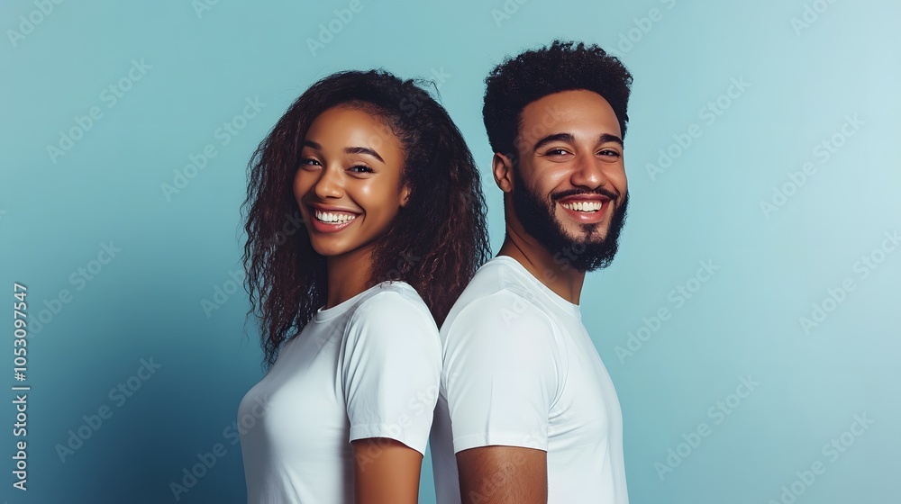loving couple, man and woman, dressed in white T-shirts, back-to-back and smiling, against a blue background. loving couple, man and woman, dressed in white T-shirts, back-to-back and smiling, against a blue background.