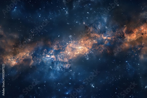 Glowing orange and blue nebula with bright stars in deep outer space