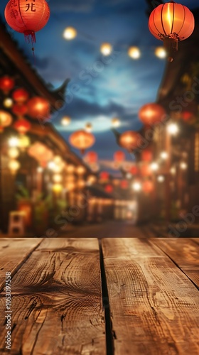 Empty wood table and lanterns on blur bokeh background