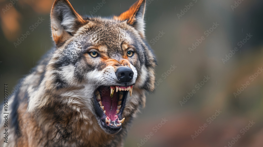 Obraz premium detailed close-up shot of a wolf showing its mouth wide open. Perfect for wildlife enthusiasts and nature lovers