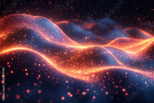 Abstract glowing waves of particles in red and blue against a dark background.