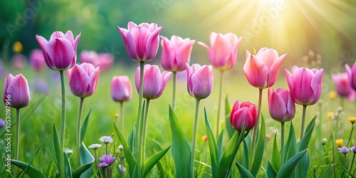 A cluster of pink tulips swaying gently in the breeze amidst a field of green grass and wildflowers, leaves, tulips, sunshine, pink flowers, floral