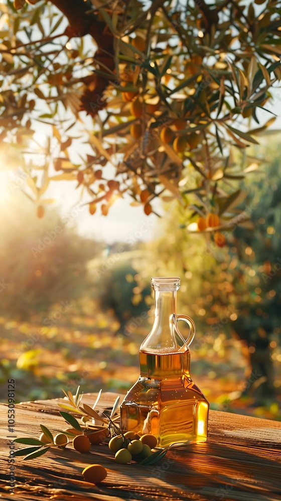 Olive oil and olives on a wooden table in the field Olive oil and olives on a wooden table in the field