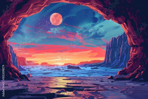 Sunset View From a Cave in an Alien Landscape