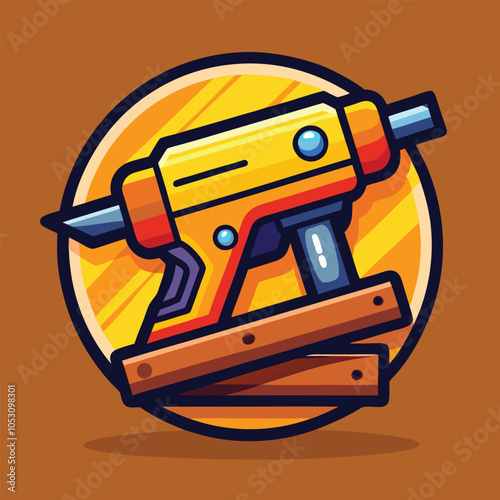 A cartoon illustration of a yellow and orange power drill, set against a yellow circle with a brown background. The drill has a sharp bit and is sitting on a wooden plank.