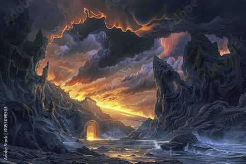 Dramatic Sunset Over a Fantasy Landscape