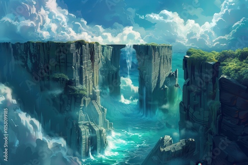 Mystical Stone Cliffs and a Waterfall Bridge