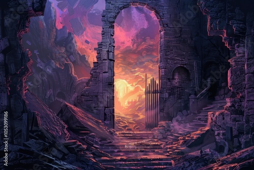 Ruined Archway Leading to a Glowing Horizon