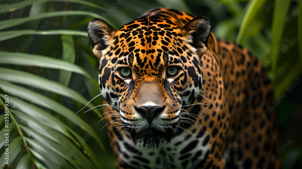 Obraz premium jaguar emerges from the jungle, looking directly at the camera with a focused gaze