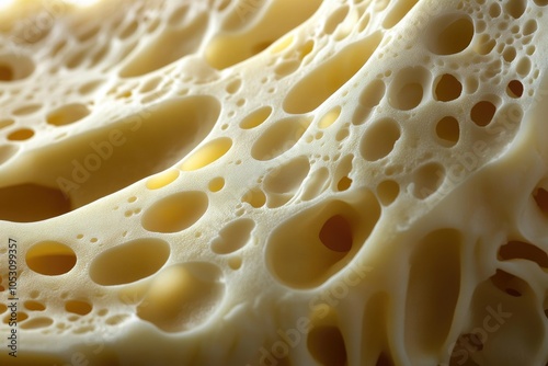 Close-up of Swiss Cheese with Large and Small Holes photo