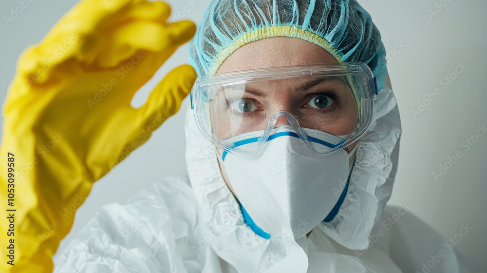 person wearing protective gear, including mask and goggles, appears focused while checking area, conveying sense of caution and safety person wearing protective gear, including mask and goggles, appears focused while checking area, conveying sense of caution and safety