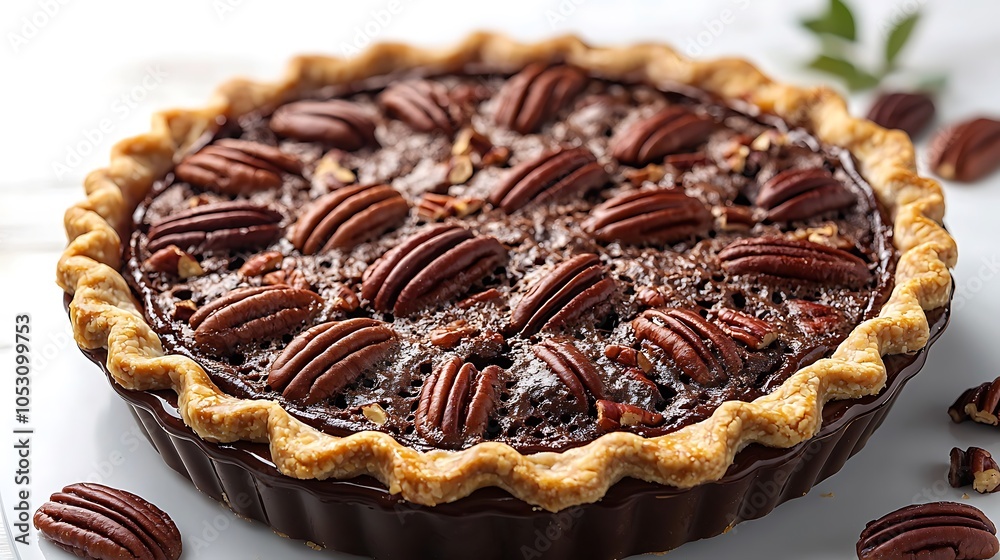 Delicious Chocolate Pecan Pie Dessert Close Up Delicious Chocolate Pecan Pie Dessert Close Up