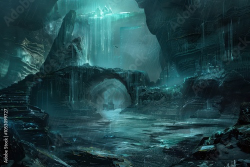 Mystical Cave with Glowing Waterfalls